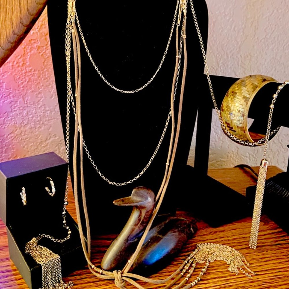 Vintage Gold Tone and Leather Lariat Type Layered Blended Set